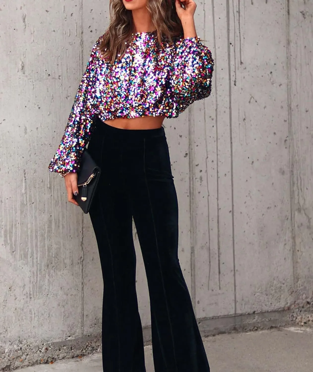 xxxiticat Women's Colorful Sequin Crop Top Long Balloon Sleeve Shiny Multi-Color Rainbow Sparkly Loose Fit Blouse Shirt