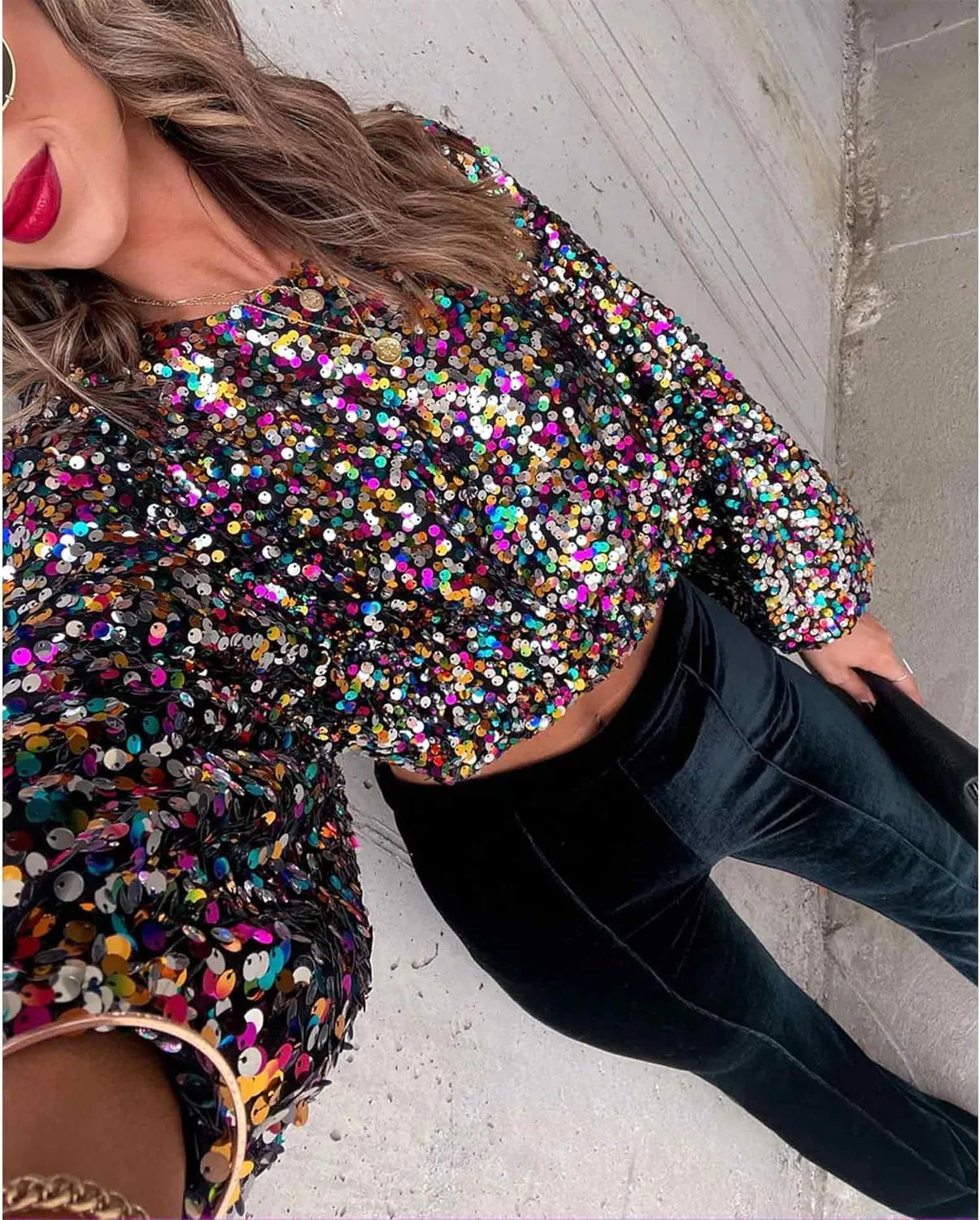 xxxiticat Women's Colorful Sequin Crop Top Long Balloon Sleeve Shiny Multi-Color Rainbow Sparkly Loose Fit Blouse Shirt