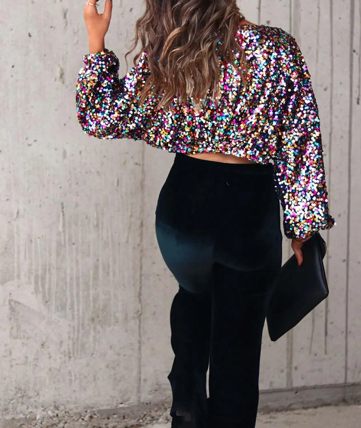 xxxiticat Women's Colorful Sequin Crop Top Long Balloon Sleeve Shiny Multi-Color Rainbow Sparkly Loose Fit Blouse Shirt