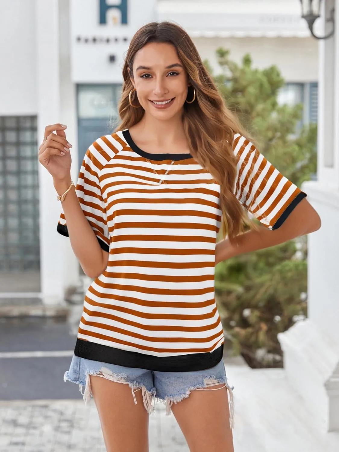 Zeagoo Women Striped T Shirts Oversized Crewneck Short Sleeve Tops Summer Casual Blouse Color Block Basic Tee S-XXL