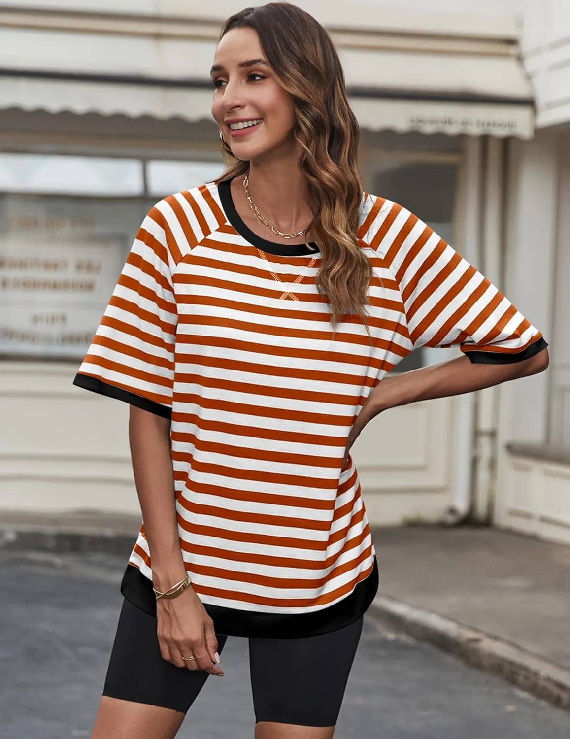 Zeagoo Women Striped T Shirts Oversized Crewneck Short Sleeve Tops Summer Casual Blouse Color Block Basic Tee S-XXL