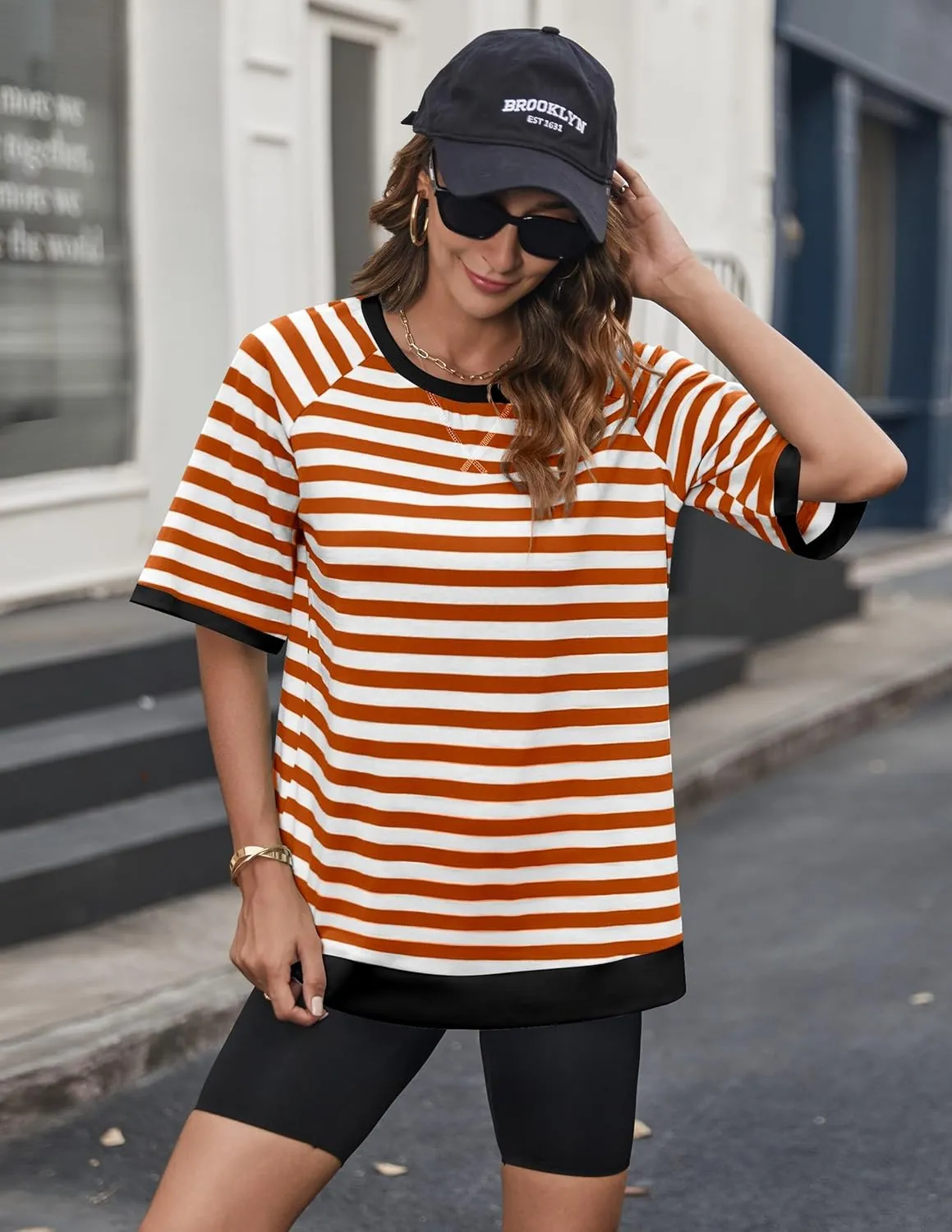 Zeagoo Women Striped T Shirts Oversized Crewneck Short Sleeve Tops Summer Casual Blouse Color Block Basic Tee S-XXL